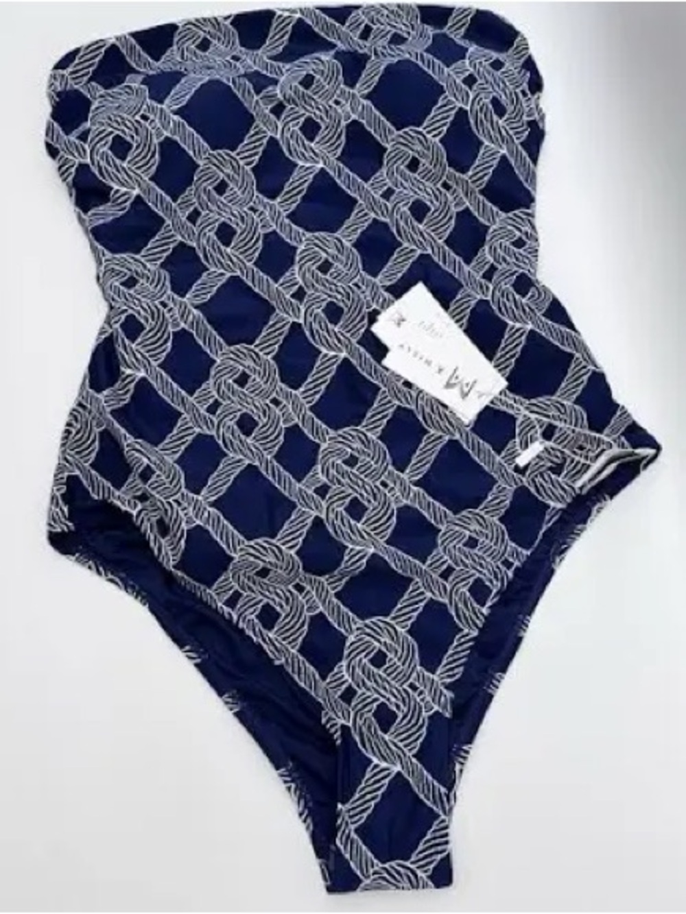 Milly Navy and White Rope-Print Strapless Swim Bodysuit